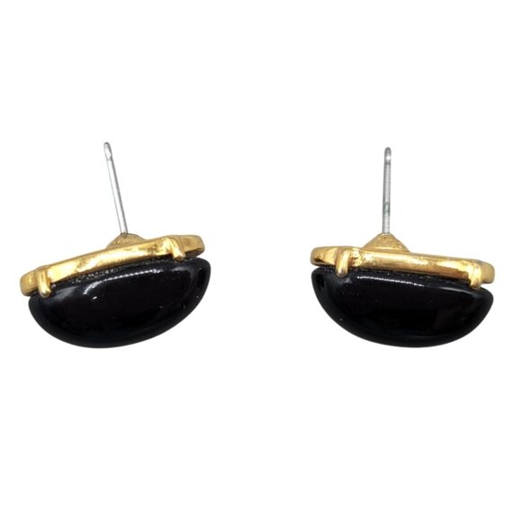 Monet Black Oval Post Earrings Gold Tone Textured Backing - Picture 3 of 6